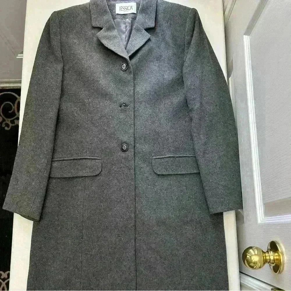 Vintage Wool Blend Pea Coat Single Breasted Neutral Classic Grey Size 10 Petite - Picture 16 of 16